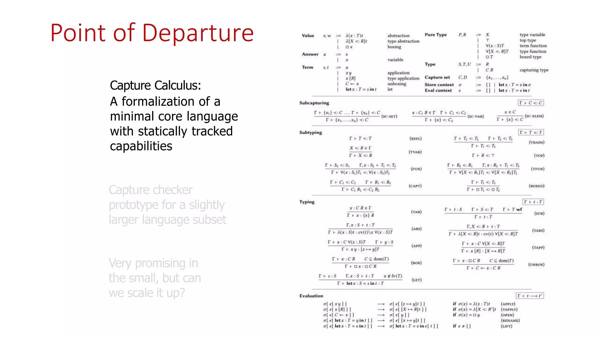 Capture Calculus:
A formalization of a
minimal core language
with statically tracked
capabilities
Point of Departure
 