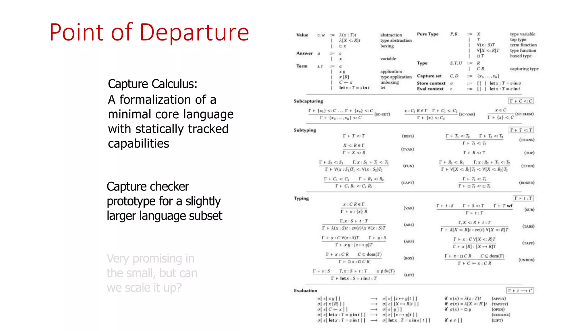 Capture Calculus:
A formalization of a
minimal core language
with statically tracked
capabilities
Capture checker
prototype for a slightly
larger language subset
Point of Departure
 