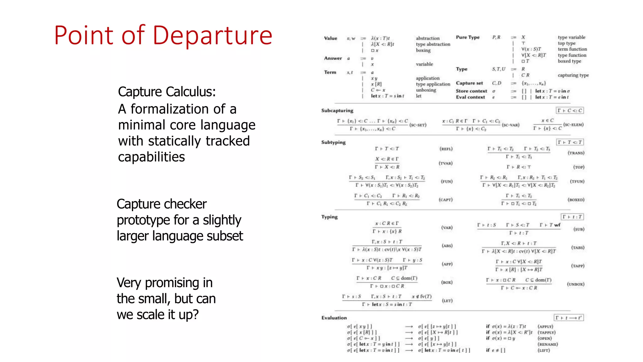 Capture Calculus:
A formalization of a
minimal core language
with statically tracked
capabilities
Capture checker
prototype for a slightly
larger language subset
Point of Departure
Very promising in
the small, but can
we scale it up?
 
