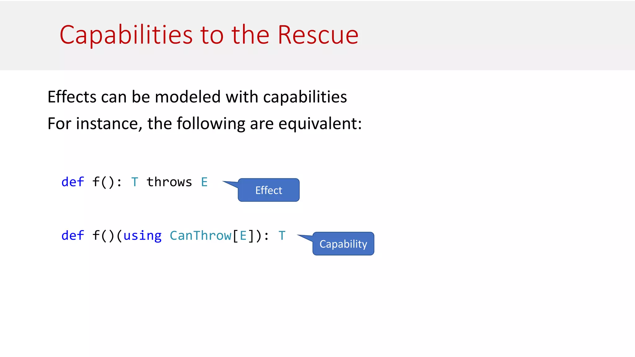Capabilities to the Rescue
Effects can be modeled with capabilities
For instance, the following are equivalent:
def f(): T throws E
def f()(using CanThrow[E]): T
Effect
Capability
 