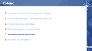 Roteiro
21
1. O estado da indústria e da economia brasileira
2. Baixa competitividade: um problema estrutural
3. Importância da produtividade
4. Determinantes da competitividade
5. Aumentando a produtividade
6. Propostas de curto prazo
 