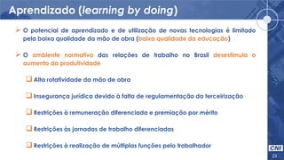 Aprendizado (learning by doing)
23
 O potencial de aprendizado e de utilização de novas tecnologias é limitado
pela baixa qualidade da mão de obra (baixa qualidade da educação)
 O ambiente normativo das relações de trabalho no Brasil desestimula o
aumento da produtividade
Alta rotatividade da mão de obra
Insegurança jurídica devido à falta de regulamentação da terceirização
Restrições à remuneração diferenciada e premiação por mérito
Restrições às jornadas de trabalho diferenciadas
Restrições à realização de múltiplas funções pelo trabalhador
 
