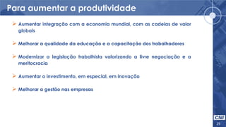 Para aumentar a produtividade
29
 Aumentar integração com a economia mundial, com as cadeias de valor
globais
 Melhorar a qualidade da educação e a capacitação dos trabalhadores
 Modernizar a legislação trabalhista valorizando a livre negociação e a
meritocracia
 Aumentar o investimento, em especial, em inovação
 Melhorar a gestão nas empresas
 