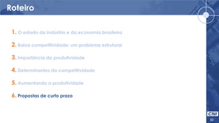 Roteiro
30
1. O estado da indústria e da economia brasileira
2. Baixa competitividade: um problema estrutural
3. Importância da produtividade
4. Determinantes da competitividade
5. Aumentando a produtividade
6. Propostas de curto prazo
 