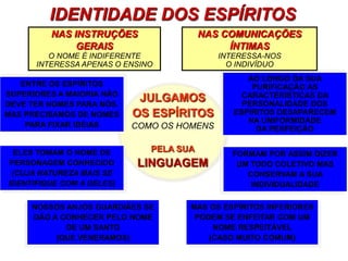 IDENTIDADE DOS ESPÍRITOS
         NAS INSTRUÇÕES                  NAS COMUNICAÇÕES
              GERAIS                          ÍNTIMAS
         O NOME É INDIFERENTE               INTERESSA-NOS
      INTERESSA APENAS O ENSINO               O INDIVÍDUO
                                                  AO LONGO DA SUA
   ENTRE OS ESPÍRITOS                              PURIFICAÇÃO AS
SUPERIORES A MAIORIA NÃO                         CARACTERÍSTICAS DA
DEVE TER NOMES PARA NÓS.
                            JULGAMOS             PERSONALIDADE DOS
MAS PRECISAMOS DE NOMES    OS ESPÍRITOS        ESPÍRITOS DESAPARECEM
                                                  NA UNIFORMIDADE
    PARA FIXAR IDÉIAS      COMO OS HOMENS           DA PERFEIÇÃO


  ELES TOMAM O NOME DE        PELA SUA
                                              FORMAM POR ASSIM DIZER
PERSONAGEM CONHECIDO       LINGUAGEM           UM TODO COLETIVO MAS
 (CUJA NATUREZA MAIS SE                          CONSERVAM A SUA
IDENTIFIQUE COM A DELES)                          INDIVIDUALIDADE

     NOSSOS ANJOS GUARDIÃES SE       MAS OS ESPÍRITOS INFERIORES
     DÃO A CONHECER PELO NOME         PODEM SE ENFEITAR COM UM
            DE UM SANTO                   NOME RESPEITÁVEL
          (QUE VENERAMOS)                (CASO MUITO COMUM)
 