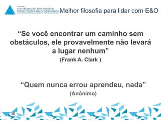 Melhor filosofia para lidar com E&O

“Se você encontrar um caminho sem
obstáculos, ele provavelmente não levará
a lugar nenhum”
(Frank A. Clark )

“Quem nunca errou aprendeu, nada”
(Anônimo)

10

 