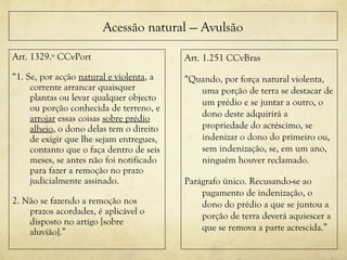 Acessão natural — Avulsão
Art. 1329.º CCvPort
“1. Se, por acção natural e violenta, a
corrente arrancar quaisquer
plantas ou levar qualquer objecto
ou porção conhecida de terreno, e
arrojar essas coisas sobre prédio
alheio, o dono delas tem o direito
de exigir que lhe sejam entregues,
contanto que o faça dentro de seis
meses, se antes não foi notificado
para fazer a remoção no prazo
judicialmente assinado.
2. Não se fazendo a remoção nos
prazos acordades, é aplicável o
disposto no artigo [sobre
aluvião].”
Art. 1.251 CCvBras
“Quando, por força natural violenta,
uma porção de terra se destacar de
um prédio e se juntar a outro, o
dono deste adquirirá a
propriedade do acréscimo, se
indenizar o dono do primeiro ou,
sem indenização, se, em um ano,
ninguém houver reclamado.
Parágrafo único. Recusando-se ao
pagamento de indenização, o
dono do prédio a que se juntou a
porção de terra deverá aquiescer a
que se remova a parte acrescida.”
 