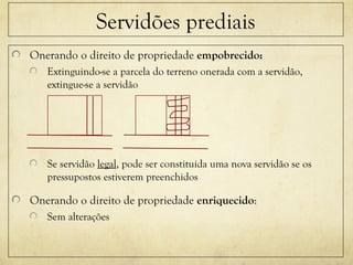 Servidões prediais
Onerando o direito de propriedade empobrecido:
Extinguindo-se a parcela do terreno onerada com a servidão,
extingue-se a servidão
Se servidão legal, pode ser constituída uma nova servidão se os
pressupostos estiverem preenchidos
Onerando o direito de propriedade enriquecido:
Sem alterações
 