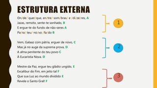 ESTRUTURA EXTERNA
On/de/ quer/que, en/tre/ som/bras/ e /di/ze/res, A
Jazas, remoto, sente-te sonhado, B
E ergue-te do fundo de não-seres A
Pa/ra/ teu/ no/vo /fa/do B
Vem, Galaaz com pátria, erguer de novo, C
Mas já no auge da suprema prova, D
A alma penitente do teu povo C
À Eucaristia Nova. D
Mestre da Paz, ergue teu gládio ungido, E
Excalibur do Fim, em jeito tal F
Que sua Luz ao mundo dividido E
Revele o Santo Gral! F
1
2
3
 