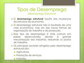 Tipos de Desemprego
Desemprego Estrutural








O desemprego estrutural resulta das mudanças
da estrutura da economia.
O desemprego estrutural não é resultado de uma
crise económica, mas sim das novas formas de
organização do trabalho e da produção.
Esse tipo de desemprego é mais comum em
países
desenvolvidos
devido
à
grande
mecanização das indústrias, reduzindo os postos
de trabalho.
Os principais sectores atingidos pelo desemprego
estrutural são:
 Agricultura;
 Prestação de serviços;
 Indústria.

 
