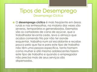 Tipos de Desemprego
Desemprego Cíclico



O desemprego cíclico é mais freqüente em áreas
rurais e nas entressafras, na maioria das vezes são
severos, temporários e generalizados. Exemplos
são os cortadores de cana de açúcar, que o
trabalhador levanta cedo, leva o almoço que
acaba comendo frio por não ter aonde
esquentar, trabalha num sol escaldante e recebe
pouco pelo que faz e para este tipo de trabalho
não têm uma pessoa especifica, tanto homem
como mulher e até mesmo adolescentes fazem
este tipo de trabalho e quando o empregador
não precisa mais de seus serviços são
dispensados.

 