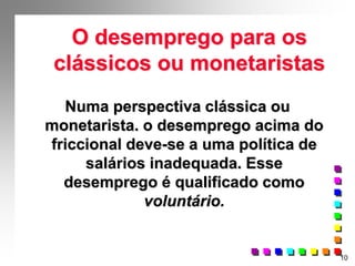 10
O desemprego para os
clássicos ou monetaristas
Numa perspectiva clássica ou
monetarista. o desemprego acima do
friccional deve-se a uma política de
salários inadequada. Esse
desemprego é qualificado como
voluntário.
 