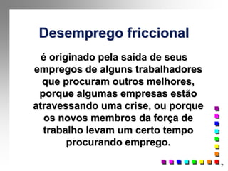 7
Desemprego friccional
é originado pela saída de seus
empregos de alguns trabalhadores
que procuram outros melhores,
porque algumas empresas estão
atravessando uma crise, ou porque
os novos membros da força de
trabalho levam um certo tempo
procurando emprego.
 