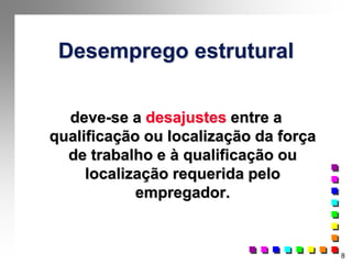 8
Desemprego estrutural
deve-se a desajustes entre a
qualificação ou localização da força
de trabalho e à qualificação ou
localização requerida pelo
empregador.
 