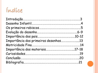 Índice
Introdução……………………………………………………………………3
Desenho Infantil………………………………………………………….4
Os primeiros rabiscos…………………………………………………5
Evolução do desenho……………………………………………….6-9
Importância dos pais……………………………………………10-12
Importância dos primeiros desenhos…………………....13
Motricidade Fina…………………………………………………………14
Importância dos materiais………………………………...17-18
Curiosidades………………………………………………………………..19
Conclusão……………………………………………………………………..20
Bibliografia…………………………………………………………………21
 