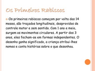 Os Primeiros Rabiscos
 Os primeiros rabiscos começam por volta dos 14
meses, são traçados longitudinais, desprovidos de
controle motor e sem sentido. Com 1 ano e meio,
surgem os movimentos circulares. A partir dos 3
anos, eles fecham-se em formas independentes. O
desenho ganha significado, a criança atribui-lhes
nomes e conta histórias sobre o que desenhou.
 
