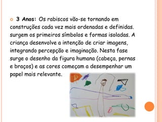  3 Anos: Os rabiscos vão-se tornando em
construções cada vez mais ordenadas e definidas.
surgem os primeiros símbolos e formas isoladas. A
criança desenvolve a intenção de criar imagens,
integrando percepção e imaginação. Nesta fase
surge o desenho da figura humana (cabeça, pernas
e braços) e as cores começam a desempenhar um
papel mais relevante.
 
