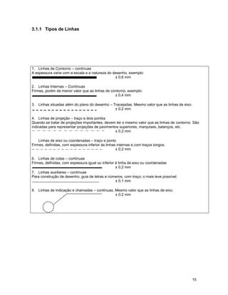 15
3.1.1 Tipos de Linhas
1. Linhas de Contorno – contínuas
A espessura varia com a escala e a natureza do desenho, exemplo:
± 0,6 mm
2. Linhas Internas – Contínuas
Firmes, porém de menor valor que as linhas de contorno, exemplo:
± 0,4 mm
3. Linhas situadas além do plano do desenho – Tracejadas. Mesmo valor que as linhas de eixo.
± 0,2 mm
4. Linhas de projeção – traço e dois pontos
Quando se tratar de projeções importantes, devem ter o mesmo valor que as linhas de contorno. São
indicadas para representar projeções de pavimentos superiores, marquises, balanços, etc.
± 0,2 mm
5. Linhas de eixo ou coordenadas – traço e ponto
Firmes, definidas, com espessura inferior às linhas internas e com traços longos.
± 0,2 mm
6. Linhas de cotas – contínuas
Firmes, definidas, com espessura igual ou inferior à linha de eixo ou coordenadas
± 0,2 mm
7. Linhas auxiliares – contínuas
Para construção de desenho, guia de letras e números, com traço; o mais leve possível.
± 0,1 mm
8. Linhas de indicação e chamadas – contínuas. Mesmo valor que as linhas de eixo.
± 0,2 mm
 