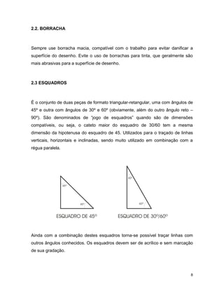 8
2.2. BORRACHA
Sempre use borracha macia, compatível com o trabalho para evitar danificar a
superfície do desenho. Evite o uso de borrachas para tinta, que geralmente são
mais abrasivas para a superfície de desenho.
2.3 ESQUADROS
É o conjunto de duas peças de formato triangular-retangular, uma com ângulos de
45º e outra com ângulos de 30º e 60º (obviamente, além do outro ângulo reto –
90º). São denominados de “jogo de esquadros” quando são de dimensões
compatíveis, ou seja, o cateto maior do esquadro de 30/60 tem a mesma
dimensão da hipotenusa do esquadro de 45. Utilizados para o traçado de linhas
verticais, horizontais e inclinadas, sendo muito utilizado em combinação com a
régua paralela.
Ainda com a combinação destes esquadros torna-se possível traçar linhas com
outros ângulos conhecidos. Os esquadros devem ser de acrílico e sem marcação
de sua gradação.
 