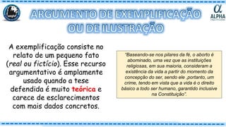 A exemplificação consiste no
relato de um pequeno fato
(real ou fictício). Esse recurso
argumentativo é amplamente
usado quando a tese
defendida é muito teórica e
carece de esclarecimentos
com mais dados concretos.
“Baseando-se nos pilares da fé, o aborto é
abominado, uma vez que as instituições
religiosas, em sua maioria, consideram a
existência da vida a partir do momento da
concepção do ser, sendo ele ,portanto, um
crime, tendo em vista que a vida é o direito
básico a todo ser humano, garantido inclusive
na Constituição”.
 