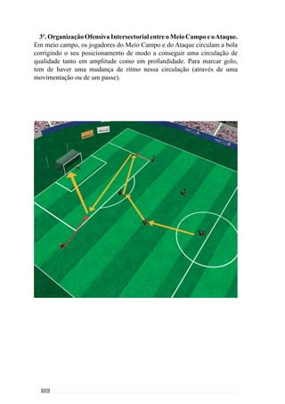 108
4ª Feira:Abordagem da Fracção
Intermédia do «jogar»,ao
nível da articulação de sub -
princípios
Objectivos:
Organização Ofensiva:
Circulação da bola intersectorial ao nível da Defesa - Meio Campo
e Meio Campo - Ataque
Organização da Transição Ataque/ Defesa:
Desenvolver a mudança de atitude (de ofensiva para defensiva)
intersectorial da Defesa - Meio Campo e Meio Campo – Ataque
Organização Defensiva:
Melhorar a organização intersectorial da Defesa - Meio Campo e
Meio Campo - Ataque
A partir destes objectivos, propõe as seguintes situações de exercitação:
1º. Organização da Transição
. Ataque/Defesa: exercer pressão ao portador da bola e ao espaço
circundante;
. Defesa /Ataque: retirar a bola da zona de pressão:
Num espaço dividido em duas partes de cerca de 20x20 metros, a equipa
de 6 jogadores, forma grupos de três.
Aequipacomapossedabolaprocuramantê-lanoseuespaço,noqualapenas
três jogadores adversários (daí a formação de grupos) podem pressionar para
enviar a bola para o seu campo, onde existe uma superioridade de 6 jogadores
contra 3.
l
°
l
°
l
°
 
