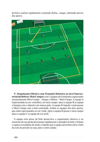 112
5ª Feira:Abordagem da Dinâmica
Completa do «jogar»,ao nível
da articulação dos grandes
princípios
Objectivos:
Organização Ofensiva:
Melhorar a organização ofensiva intersectorial (Meio Campo e
Ataque e Meio Campo e Defesa)
Desenvolver a organização ofensiva colectiva com transição
ataque - defesa
Organização da Transição Ataque/ Defesa:
Desenvolver a mudança de atitude (de ofensiva para defensiva)
intersectorial da Defesa - Meio Campo e Meio Campo – Ataque
Organização Defensiva:
Melhorar a organização defensiva colectiva
De modo a desenvolver estes objectivos, propõe as seguintes situações de
exercitação:
1º. Organização Ofensiva Intersectorial ao nível da Defesa - Meio
Campo: realizam saídas da bola em construção pela defesa entrando no
sector do meio campo que procura jogar no avançado e marcar golo na baliza
central. Nesta situação, corrige a dinâmica posicional do sector da defesa e
meio campo em função bola fazendo-a progredir até á baliza.
l
°
°
l
°
l
°
 