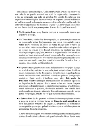 95
verde resulta do branco (Segunda) com o verde-claro (Terça), com o
azul (Quarta), com o verde mais escuro (Quinta), com o amarelo (Sexta)
e com o amarelo-claro de Sábado. Assim, fracciona-se o «jogar»
(todo = verde) em níveis de organização que se constituem nas partes
representadas por: branco + verde-claro + azul + verde-escuro + amarelo
+ amarelo claro = verde.
 