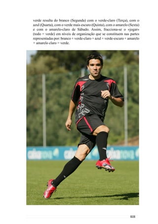 97
6.	A análise desta
Alternância
Horizontal
Contextualizada
através de um
morfociclo.
Como já fomos referindo anteriormente, a preparação semanal resulta da
interacção contínua entre o modelo de jogo, a dinâmica da equipa no jogo
anterior(asdificuldades,problemaseaspectospositivos)eascaracterísticasdo
próximo adversário que permitem anteceder determinados comportamentos.
Deste modo, os objectivos da preparação semanal passam por desenvolver
o modelo de jogo tendo em conta os problemas que a equipa evidenciou no
jogo anterior e os que provavelmente encontrará na competição seguinte:
	
Preparação Semanal
do «jogar»
Modelo
de jogo
da Equipa
Características
do
Adversário
O que
aconteceu no
jogo anterior
Esquema – Definição dos objectivos do padrão Semanal.
 