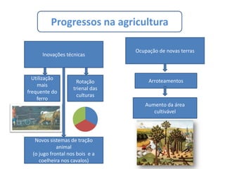 Progressos na agriculturaOcupação de novas terrasInovações técnicasArroteamentosUtilização mais frequente do ferroRotação trienal das culturasAumento da área cultivávelNovos sistemas de tração animal (o jugo frontal nos bois  e a coelheira nos cavalos)