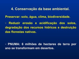 4. Conservação da base ambiental.   Preservar: solo, água, clima, biodiversidade. Reduzir erosão e acidificação dos solos, degradação dos recursos hídricos e destruição das florestas nativas. PNUMA: 6 milhões de hectares de terra por ano se transformam em desertos. 
