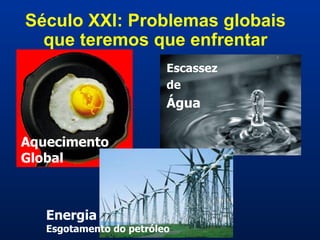 Século XXI: Problemas globais que teremos que enfrentar Aquecimento Global Energia Esgotamento do petróleo Escassez de Água 