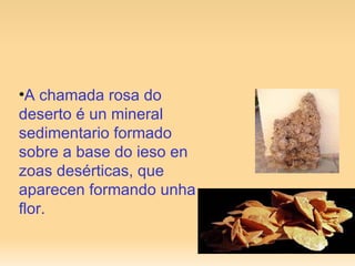 A chamada rosa do deserto é un mineral sedimentario formado sobre a base do ieso en zoas desérticas, que aparecen formando unha flor. 