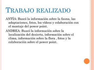TRABAJO REALIZADO
ANTÍA: Buscó la información sobre la fauna, las
adaptaciones, fotos, los vídeos y colaboración con
el montaje del power point.
ANDREA: Buscó la información sobre la
localización del desierto, información sobre el
clima, información sobre la flora , fotos y la
colaboración sobre el power point.
 