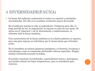 4·DIVERSIDADE(FAUNA)
 La fauna del ambiente continental se reduce en especial a artrópodos
invertebrados. Por ello se lo considera el desierto mayor del mundo.
En el ambiente marino la vida es esplendente. Colaboran para ello, el
largo período de luz, la oxigenación, la riqueza en sales de sus aguas. Se
inicia con el "plancton" y de él, directamente o indirectamente, se
alimenta toda la fauna antártica.
Una característica de la fauna antártica es la relativa pobreza en especies,
pero una gran riqueza en individuos, por lo menos hasta que el hombre
actúa.
En la atmósfera no existen gérmenes patógenos y sí bacteria, levaduras y
microhongos, como se comprueba efectuando cultivos especiales. Ningún
animal vertebrado terrestre la habita.
Se pueden encontrar invertebrados, especialmente ácaros y garrapatas,
que pueden tolerar las bajas temperaturas, pero se consideran poco
comunes.
 