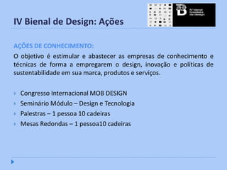 IV Bienal de Design: Ações

AÇÕES DE CONHECIMENTO:
O objetivo é estimular e abastecer as empresas de conhecimento e
técnicas de forma a empregarem o design, inovação e políticas de
sustentabilidade em sua marca, produtos e serviços.

   Congresso Internacional MOB DESIGN
   Seminário Módulo – Design e Tecnologia
   Palestras – 1 pessoa 10 cadeiras
   Mesas Redondas – 1 pessoa10 cadeiras
 