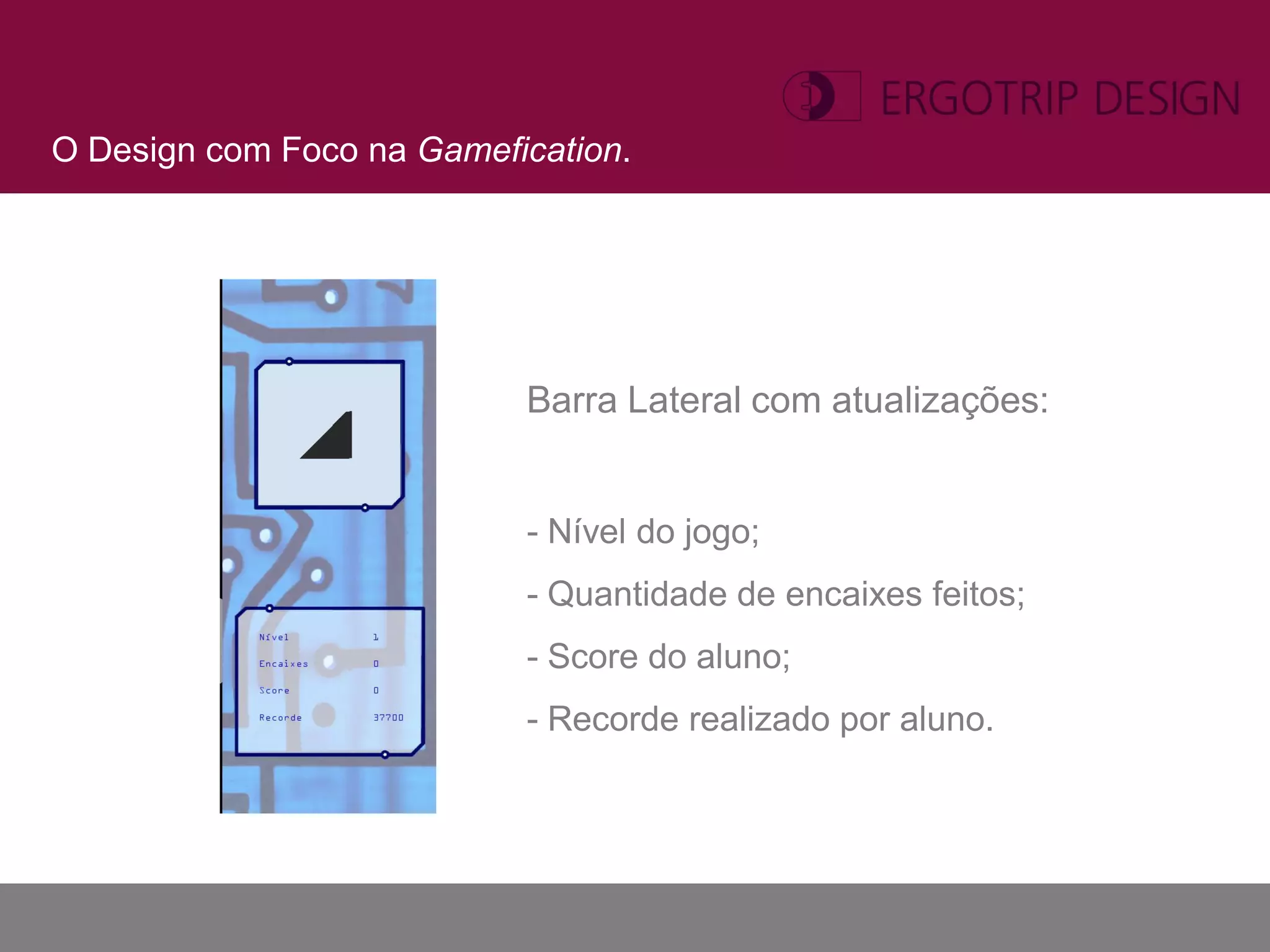 O Design com Foco na Gamefication.




                           Barra Lateral com atualizações:


                           - Nível do jogo;
                           - Quantidade de encaixes feitos;
                           - Score do aluno;
                           - Recorde realizado por aluno.
 