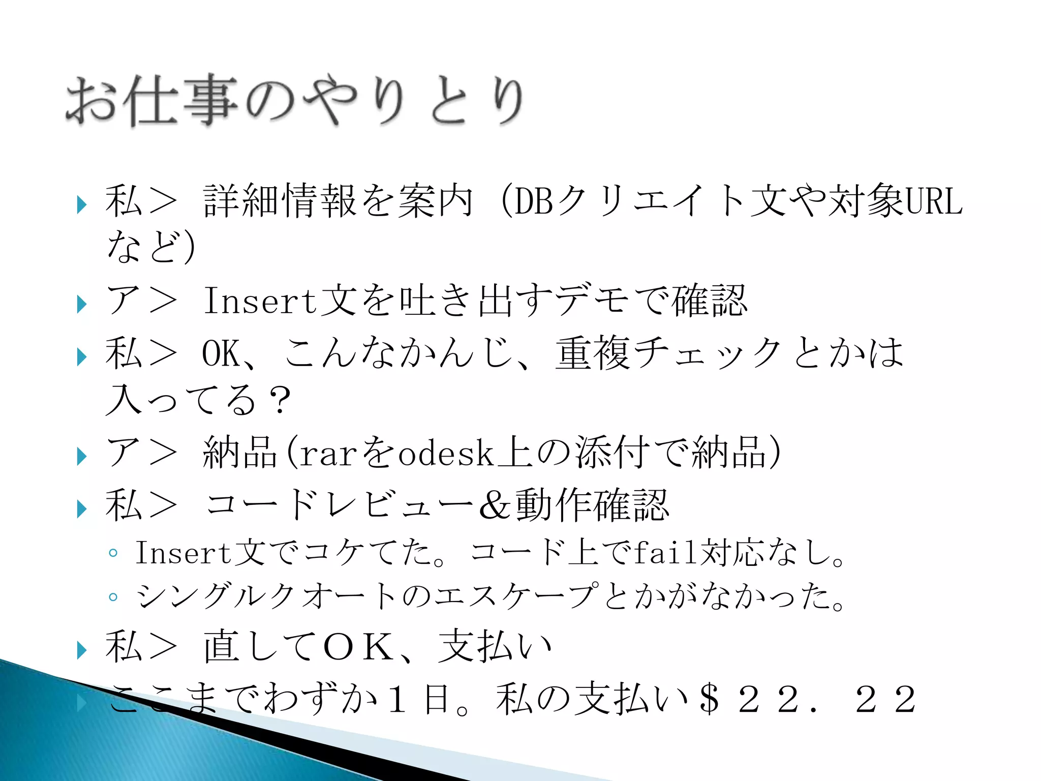    私＞ 詳細情報を案内（DBクリエイト文や対象URL
    など）
   ア＞ Insert文を吐き出すデモで確認
   私＞ OK、こんなかんじ、重複チェックとかは
    入ってる？
   ア＞ 納品(rarをodesk上の添付で納品)
   私＞ コードレビュー＆動作確認
    ◦ Insert文でコケてた。コード上でfail対応なし。
    ◦ シングルクオートのエスケープとかがなかった。
   私＞ 直してＯＫ、支払い
   ここまでわずか１日。私の支払い＄２２．２２
 