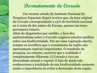 Desmatamento do Cerrado
       Um recente estudo do Instituto Nacional de
Pesquisas Espaciais (Inpe) revelou que, da área original
de Cerrado correspondente a 23% do território nacional
ou à soma de dez países da Europa, apenas um terço
permanece intacto.
Além do diagnóstico por satélite, o foco dos
ambientalistas sobre o Cerrado originou estudos inéditos
sobre sua biodiversidade. Por ser uma vegetação aberta,
sempre se acreditou que o ecossistema da região não
apresentasse espécies importantes. O resultado da
pesquisa, no entanto, mostrou que a realidade é
completamente diferente. O Cerrado é rico em
diversidade animal e vegetal. O fato de ainda não
conhecermos a totalidade de sua biodiversidade aumenta
muito a importância de evitar a destruição desta região.
 
