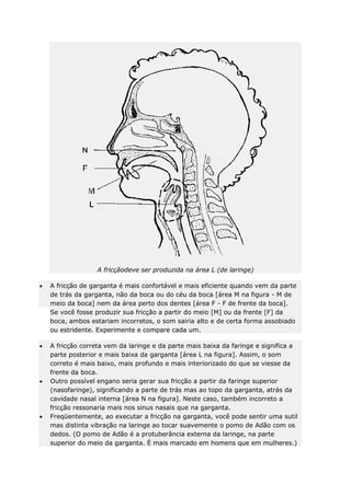 A fricçãodeve ser produzida na área L (de laringe)
A fricção de garganta é mais confortável e mais eficiente quando vem da parte
de trás da garganta, não da boca ou do céu da boca [área M na figura - M de
meio da boca] nem da área perto dos dentes [área F - F de frente da boca].
Se você fosse produzir sua fricção a partir do meio [M] ou da frente [F] da
boca, ambos estariam incorretos, o som sairia alto e de certa forma assobiado
ou estridente. Experimente e compare cada um.
A fricção correta vem da laringe e da parte mais baixa da faringe e significa a
parte posterior e mais baixa da garganta [área L na figura]. Assim, o som
correto é mais baixo, mais profundo e mais interiorizado do que se viesse da
frente da boca.
Outro possível engano seria gerar sua fricção a partir da faringe superior
(nasofaringe), significando a parte de trás mas ao topo da garganta, atrás da
cavidade nasal interna [área N na figura]. Neste caso, também incorreto a
fricção ressonaria mais nos sinus nasais que na garganta.
Freqüentemente, ao executar a fricção na garganta, você pode sentir uma sutil
mas distinta vibração na laringe ao tocar suavemente o pomo de Adão com os
dedos. (O pomo de Adão é a protuberância externa da laringe, na parte
superior do meio da garganta. É mais marcado em homens que em mulheres.)

 