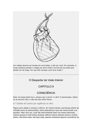 Um relógio deveria ser levado em uma bolsa, e não em você. Por exemplo, é
muito possível prender o relógio de certo modo à correia de sua bolsa que
facilite ver de longe. Por que não começar uma nova moda ?

O Despertar da Visão Interior
CAPITULO 9
CONSCIÊNCIA
Nota: Ao longo deste livro, sempre que o termo “o olho” é mencionado, referese ao terceiro olho, e não aos dois olhos físicos.

9.1 Estado de Centro por vigilância no olho
Pegue outro objeto e comece a olhá-lo. Ao mesmo tempo, permaneça atento da
vibração entre as sobrancelhas. Outra descoberta é que sua mente tende a se
aquietar. Mais uma vez, você não está tentando fazer sua mente silenciosa,
mesmo porque é inútil tentar alcançar silêncio interno lutando contra a mente.
Assim, não tente nada, não faça nada, apenas mantenha alguma consciência da

 