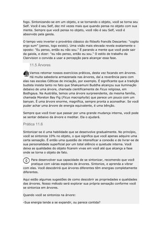 fogo. Sintonizando-se em um objeto, e se tornando o objeto, você se torna seu
Self. Você é seu Self, dez mil vezes mais que quando pensa no objeto com sua
mente. Sempre que você pensa no objeto, você não é seu Self, você é
absorvido pela gaiola.
O tempo veio inverter o provérbio clássico do filósofo francês Descartes: “cogito
ergo sum” (penso, logo existo). Uma visão mais elevada revela exatamente o
oposto: "Eu penso, então eu não sou." É parando a mente que você pode sair
da gaiola, e dizer: "eu não penso, então eu sou." O estilo de trabalho da
Clairvision o convida a usar a percepção para alcançar essa fase.

11.5 Árvores
Vamos retomar nossos exercícios práticos, desta vez focando em árvores.
Há muita sabedoria armazenada nas árvores, daí a reverência para com
elas nas escolas Célticas de iniciação, por exemplo. É significante que a tradição
budista insista tanto no fato que Shakyamuni Buddha alcançou sua iluminação
debaixo de uma árvore, chamada cientificamente de Ficus religiosa, em
Bodhgaya. Na Austrália, temos uma árvore surpreendente, da mesma família,
chamada Moreton Bay Fig (Ficus macrophylla) que parece um pouco com um
banyan. É uma árvore enorme, magnífica, sempre pronta a aconselhar. Se você
puder achar uma árvore de energia equivalente, é uma bênção.
Sempre que você tiver que passar por uma grande mudança interna, você pode
se sentar debaixo da árvore e meditar. Ela o ajudará.

Prática 11.6
Sintonizar-se é uma habilidade que se desenvolve gradualmente. No princípio,
você se sintoniza 10% no objeto, o que significa que você apenas adquire uma
certa sensação. É então uma questão de intensificar a conexão e de livrar-se de
sua personalidade superficial por um total silêncio e quietude interna. Você
deixa as qualidades do objeto ficarem vivas em você até que alcança a fase
onde se torna o objeto de fato.
Para desenvolver sua capacidade de se sintonizar, recomendo que você
pratique com várias espécies de árvores. Sintonize, e aprenda a vibrar
com elas. Você descobrirá que árvores diferentes têm energias completamente
diferentes.
Aqui estão algumas sugestões de como descobrir as propriedades e qualidades
das árvores. Nosso método será explorar sua própria sensação conforme você
se sintoniza em árvores.
Quando você se sintoniza na árvore:
-Sua energia tende a se expandir, ou parece contida?

 