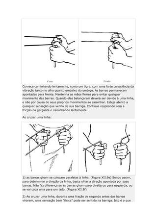 Certo

Errado

Comece caminhando lentamente, como um tigre, com uma forte consciência da
vibração tanto no olho quanto embaixo do umbigo. As barras permanecem
apontadas para frente. Mantenha as mãos firmes para evitar qualquer
movimento das barras. Quando elas balançarem deverá ser devido à uma linha,
e não por causa de seus próprios movimentos ao caminhar. Esteja atento a
qualquer sensação que venha de sua barriga. Continue respirando com a
fricção na garganta e caminhando lentamente.
Ao cruzar uma linha:

1) as barras giram se colocam paralelas à linha. (Figura XII.9e) Sendo assim,
para determinar a direção da linha, basta olhar a direção apontada por suas
barras. Não faz diferença se as barras giram para direita ou para esquerda, ou
se vai cada uma para um lado. (Figura XII.9f)
2) Ao cruzar uma linha, durante uma fração de segundo antes das barras
virarem, uma sensação bem “física” pode ser sentida na barriga. Isto é o que

 