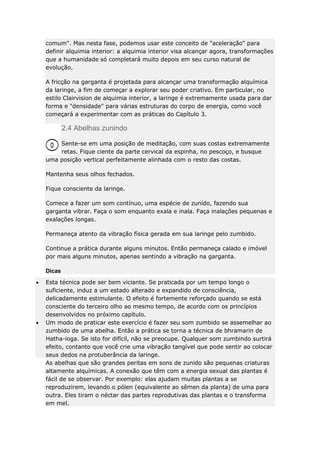 comum". Mas nesta fase, podemos usar este conceito de "aceleração" para
definir alquimia interior: a alquimia interior visa alcançar agora, transformações
que a humanidade só completará muito depois em seu curso natural de
evolução.
A fricção na garganta é projetada para alcançar uma transformação alquímica
da laringe, a fim de começar a explorar seu poder criativo. Em particular, no
estilo Clairvision de alquimia interior, a laringe é extremamente usada para dar
forma e "densidade" para várias estruturas do corpo de energia, como você
começará a experimentar com as práticas do Capítulo 3.

2.4 Abelhas zunindo
Sente-se em uma posição de meditação, com suas costas extremamente
retas. Fique ciente da parte cervical da espinha, no pescoço, e busque
uma posição vertical perfeitamente alinhada com o resto das costas.
Mantenha seus olhos fechados.
Fique consciente da laringe.
Comece a fazer um som contínuo, uma espécie de zunido, fazendo sua
garganta vibrar. Faça o som enquanto exala e inala. Faça inalações pequenas e
exalações longas.
Permaneça atento da vibração física gerada em sua laringe pelo zumbido.
Continue a prática durante alguns minutos. Então permaneça calado e imóvel
por mais alguns minutos, apenas sentindo a vibração na garganta.
Dicas
Esta técnica pode ser bem viciante. Se praticada por um tempo longo o
suficiente, induz a um estado alterado e expandido de consciência,
delicadamente estimulante. O efeito é fortemente reforçado quando se está
consciente do terceiro olho ao mesmo tempo, de acordo com os princípios
desenvolvidos no próximo capítulo.
Um modo de praticar este exercício é fazer seu som zumbido se assemelhar ao
zumbido de uma abelha. Então a prática se torna a técnica de bhramarin de
Hatha-ioga. Se isto for difícil, não se preocupe. Qualquer som zumbindo surtirá
efeito, contanto que você crie uma vibração tangível que pode sentir ao colocar
seus dedos na protuberância da laringe.
As abelhas que são grandes peritas em sons de zunido são pequenas criaturas
altamente alquímicas. A conexão que têm com a energia sexual das plantas é
fácil de se observar. Por exemplo: elas ajudam muitas plantas a se
reproduzirem, levando o pólen (equivalente ao sêmen da planta) de uma para
outra. Eles tiram o néctar das partes reprodutivas das plantas e o transforma
em mel.

 