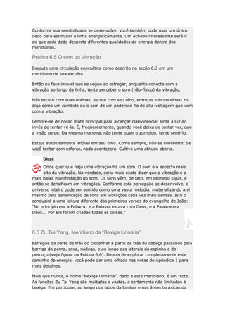 Conforme sua sensibilidade se desenvolve, você também pode usar um único
dedo para estimular a linha energeticamante. Um achado interessante será o
de que cada dedo desperta diferentes qualidades de energia dentro dos
meridianos.

Prática 6.5 O som da vibração
Execute uma circulação energética como descrito na seção 6.3 em um
meridiano de sua escolha.
Então na fase imóvel que se segue ao esfregar, enquanto conecta com a
vibração ao longo da linha, tente perceber o som (não-físico) da vibração.
Não escute com suas orelhas, escute com seu olho, entre as sobrancelhas! Há
algo como um zumbido ou o som de um poderoso fio de alta-voltagem que vem
com a vibração.
Lembre-se de nosso mote principal para alcançar clarividência: sinta a luz ao
invés de tentar vê-la. É, freqüentemente, quando você deixa de tentar ver, que
a visão surge. Da mesma maneira, não tente ouvir o zumbido, tente senti-lo.
Esteja absolutamente imóvel em seu olho. Como sempre, não se concentre. Se
você tentar com esforço, nada acontecerá. Cultive uma atitude aberta.
Dicas
Onde quer que haja uma vibração há um som. O som é o aspecto mais
alto da vibração. Na verdade, seria mais exato dizer que a vibração é a
mais baixa manifestação do som. Os sons vêm, de fato, em primeiro lugar, e
então se densificam em vibrações. Conforme esta percepção se desenvolve, o
universo inteiro pode ser sentido como uma vasta melodia, materializando a si
mesmo pela densificação de sons em vibrações cada vez mais densas. Isto o
conduzirá a uma leitura diferente dos primeiros versos do evangelho de João:
“No princípio era a Palavra; e a Palavra estava com Deus, e a Palavra era
Deus... Por Ele foram criadas todas as coisas.”

6.6 Zu Tai Yang, Meridiano da “Bexiga Urinária”
Esfregue da parte de trás do calcanhar à parte de trás da cabeça passando pela
barriga da perna, coxa, nádega, e ao longo das laterais da espinha e do
pescoço (veja figura na Prática 6.6). Depois de explorar completamente este
caminho de energia, você pode dar uma olhada nas notas do Apêndice 1 para
mais detalhes.
Mais que nunca, o nome “Bexiga Urinária”, dado a este meridiano, é um trote.
As funções Zu Tai Yang são múltiplas e vastas, e certamente não limitadas à
bexiga. Em particular, ao longo dos lados da lombar e nas áreas toráxicas da

 