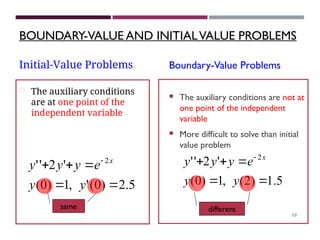 BOUNDARY-VALUE AND INITIALVALUE PROBLEMS
Boundary-Value Problems
 The auxiliary conditions are not at
one point of the independent
variable
 More difficult to solve than initial
value problem
5
.
1
)
2
(
,
1
)
0
(
'
2
'
' 2




 
y
y
e
y
y
y x
10
Initial-Value Problems
 The auxiliary conditions
are at one point of the
independent variable
5
.
2
)
0
(
'
,
1
)
0
(
'
2
'
' 2




 
y
y
e
y
y
y x
same different
 