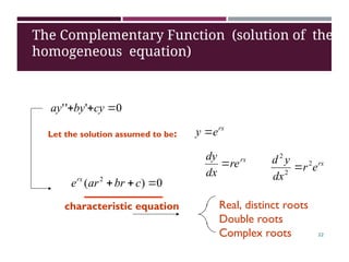 0
'
'
' 

 cy
by
ay
Let the solution assumed to be:
rx
e
y 
rx
re
dx
dy
 rx
e
r
dx
y
d 2
2
2

0
)
( 2


 c
br
ar
erx
characteristic equation Real, distinct roots
Double roots
Complex roots
The Complementary Function (solution of the
homogeneous equation)
22
 