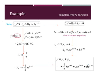 Example
Solve
x
e
y
y
y 4
7
8
'
10
'
'
3 



x
Cxe
y 4


x
Ce
x
y 4
)
4
1
(
' 


x
Ce
x
y 4
)
8
16
(
'
' 


7
10
24 

 C
C
2
1


C
x
p xe
y 4
2
1 


0
)
4
)(
2
3
(
8
10
3 2





 r
r
r
r
characteristic equation
x
x
c Be
Ae
y 4
3
/
2 


x
x
x
p
c
Be
Ae
xe
y
y
y
4
3
/
2
4
2
1 







0
8
'
10
'
'
3 

 y
y
y
complementary function
4
,
3
/
2 2
1 

 r
r
31
 