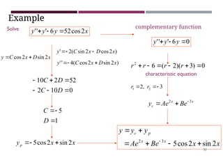 Example
Solve x
y
y
y 2
cos
52
6
'
'
' 


x
D
x
C
y 2
sin
2
cos 

)
2
cos
2
sin
(
2
' x
D
x
C
y 


)
2
sin
2
cos
(
4
'
' x
D
x
C
y 


0
10
2
52
2
10






D
C
D
C
1
5



D
C
x
x
yp 2
sin
2
cos
5 


0
)
3
)(
2
(
6
2





 r
r
r
r
characteristic equation
x
x
c Be
Ae
y 3
2 


x
x
Be
Ae
y
y
y
x
x
p
c
2
sin
2
cos
5
3
2







0
6
'
'
' 

 y
y
y
complementary function
3
,
2 2
1 

 r
r
32
 