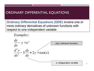 ORDINARY DIFFERENTIAL EQUATIONS
ORDINARY DIFFERENTIAL EQUATIONS
6
)
cos(
2
5
:
2
2
x
y
dx
dy
dx
y
d
e
y
dx
dy
Examples
x





Ordinary Differential Equations (ODE) involve one or
more ordinary derivatives of unknown functions with
respect to one independent variable
y(x): unknown function
x: independent variable
 
