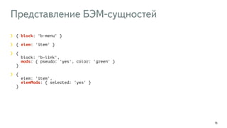 Представление БЭМ-сущностей 
15 
{ block: 'b-menu' } 
{ elem: 'item' } 
{ 
block: 'b-link', 
mods: { pseudo: 'yes', color: 'green' } 
} 
{ 
elem: 'item', 
elemMods: { selected: 'yes' } 
} 
 